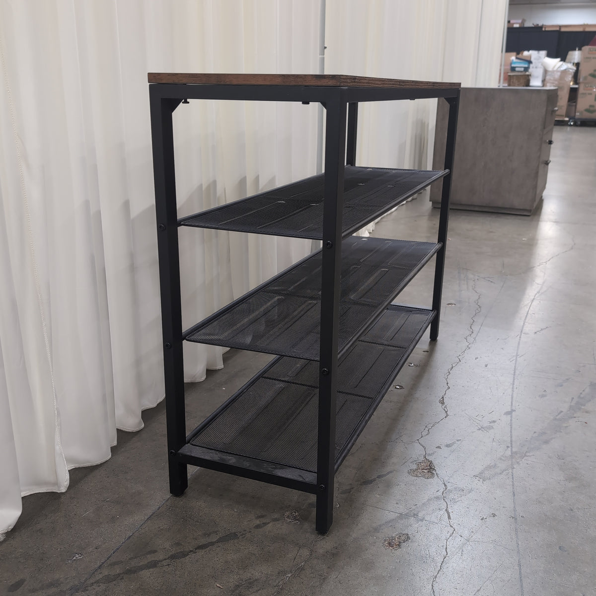 Industrial Brown Wood-Look Console Table with Mesh Shelves