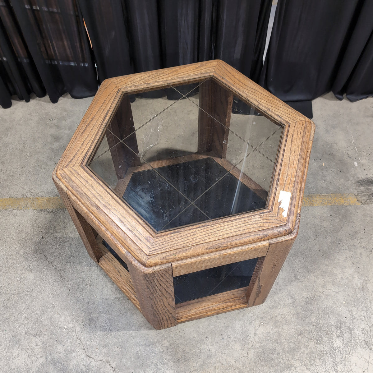 Brown Hexagonal Wood End Table with Dark Top