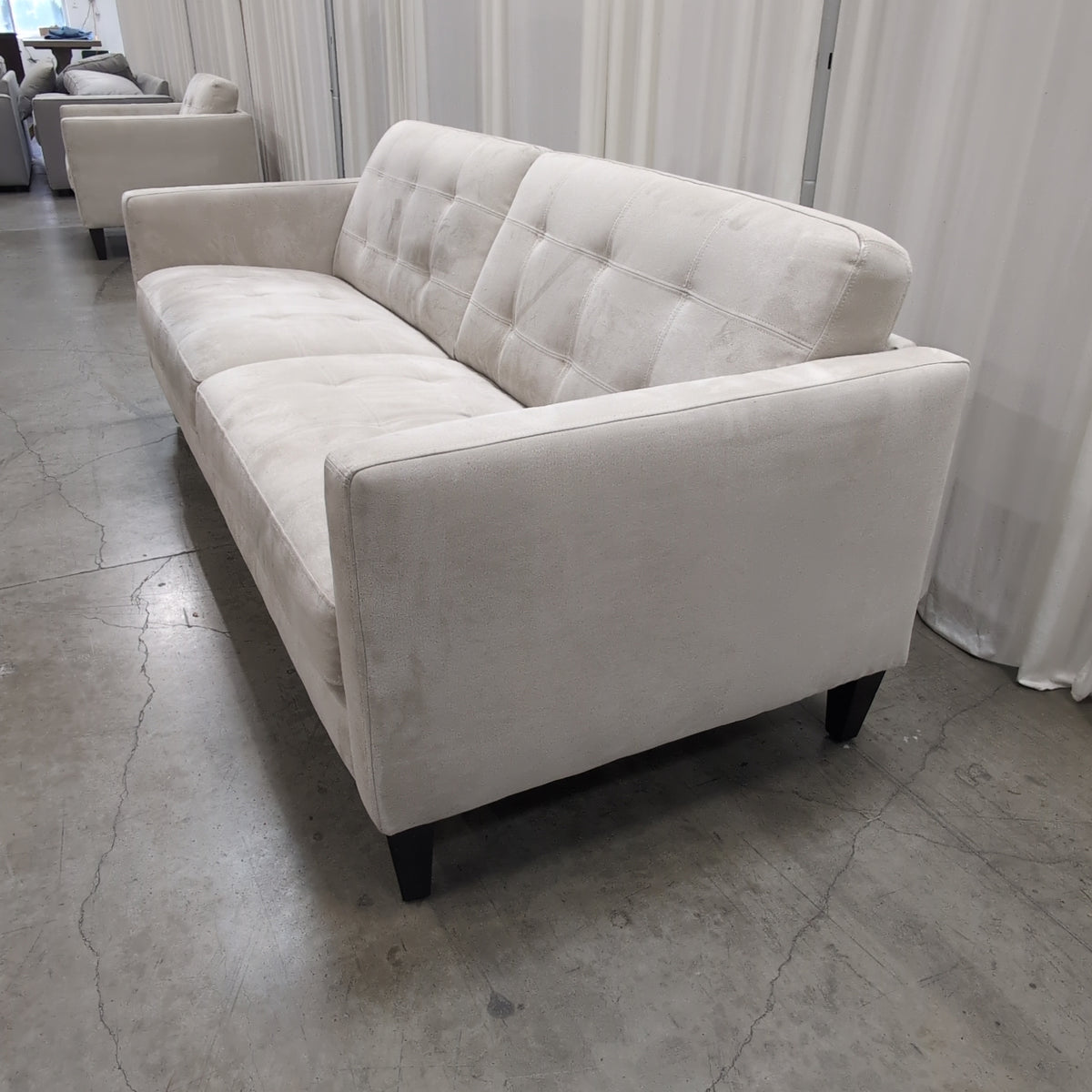 Light Beige Fabric Couch with Tufted Back Cushions