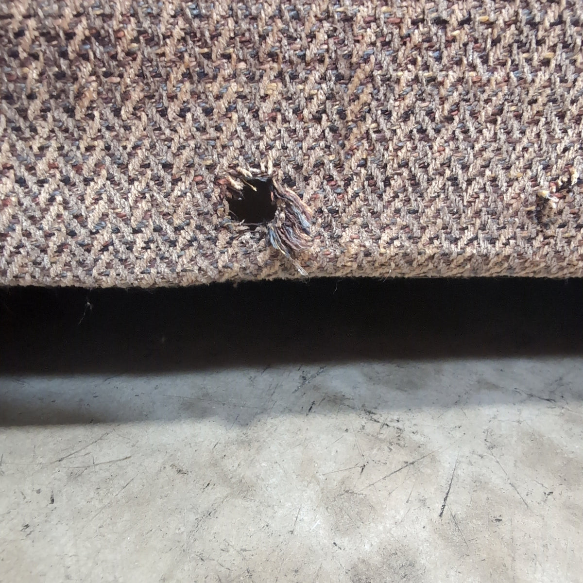 Tan Herringbone Upholstered Rolled Arm Couch with Skirted Base