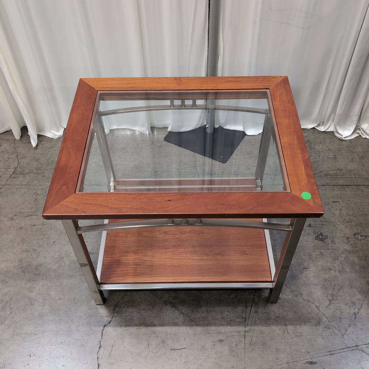 Cherry-Toned Wood and Metal End Table with Glass Top