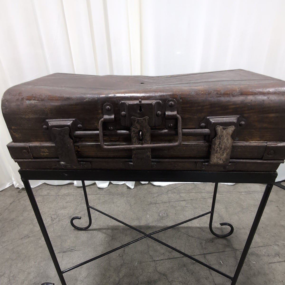 Rustic Brown Metal Trunk on Metal Stand
