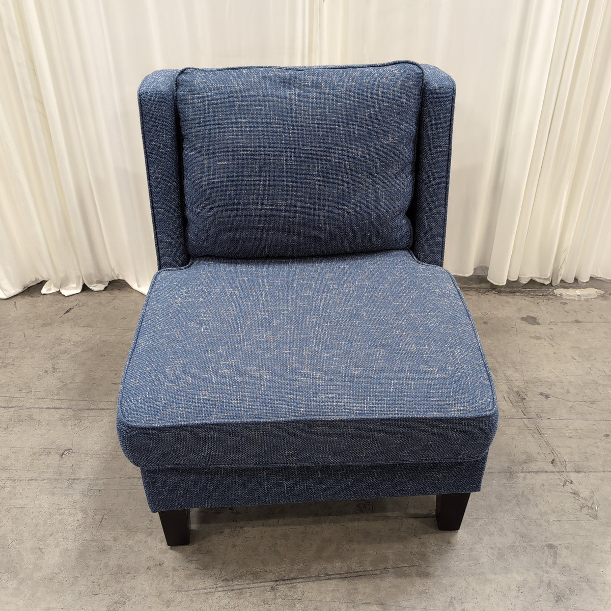 Textured Blue Fabric Armchair with Dark Wood Legs
