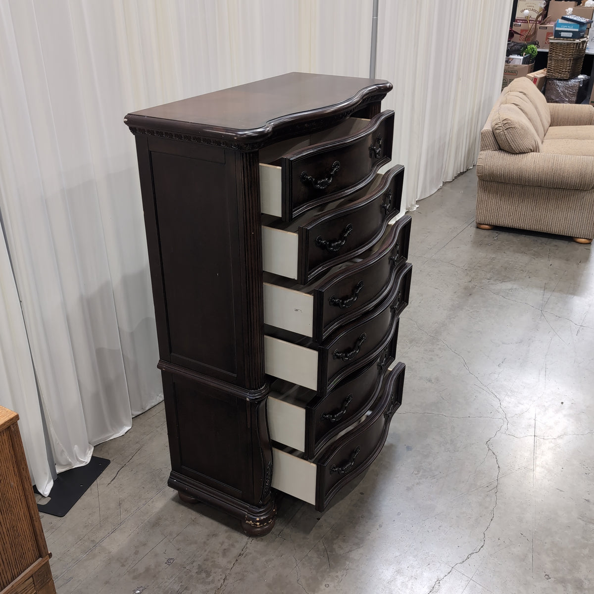 Traditional Dark Wood Tall Six-Drawer Dresser with Ornate Hardware