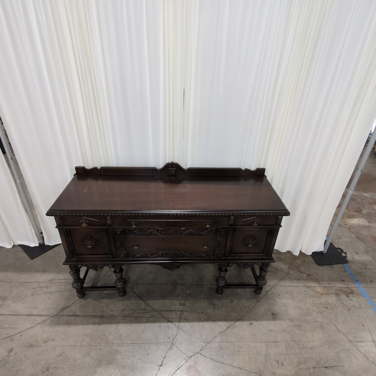 Dark Wood Ornate Carved Buffet with Turned Legs