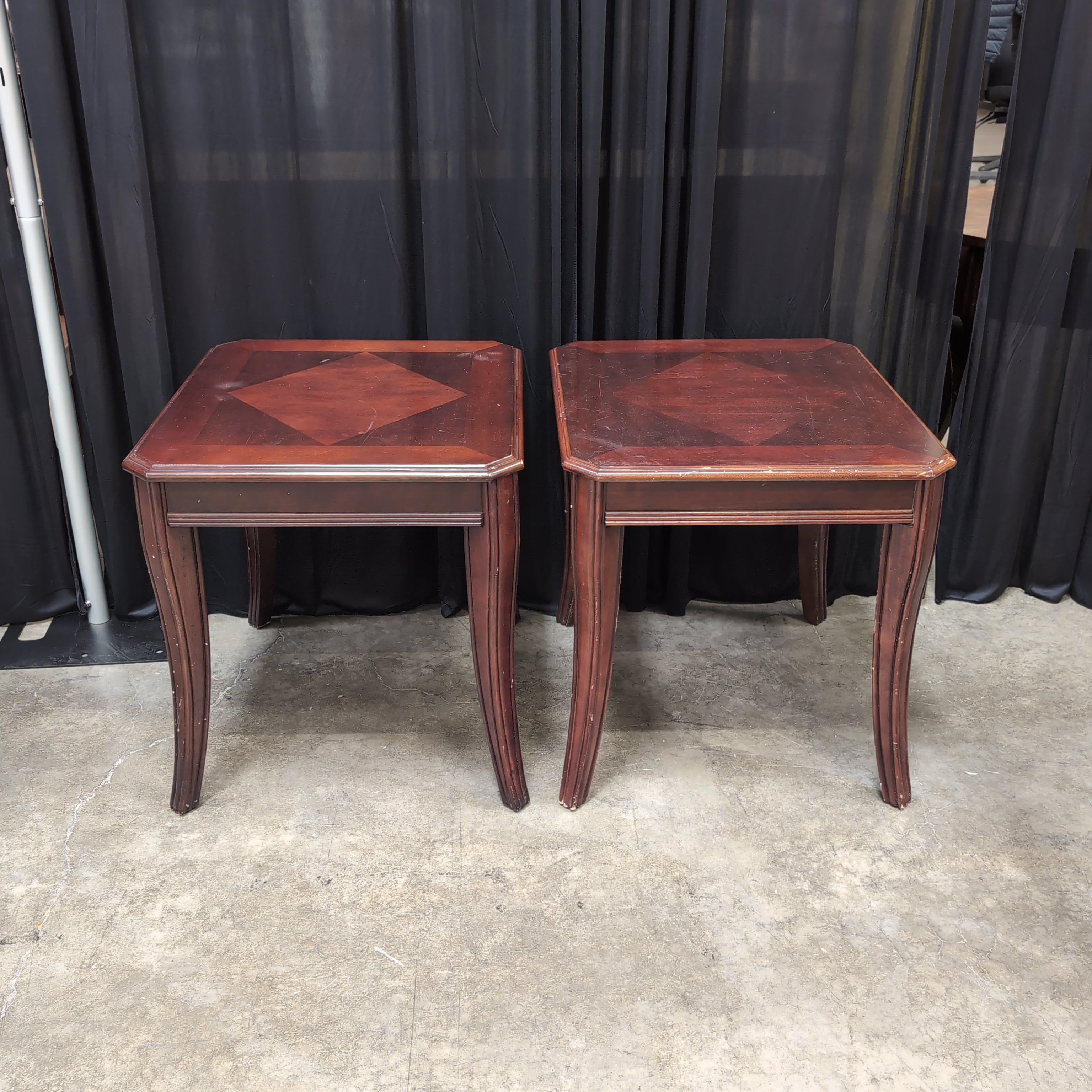 Pair of Dark Cherry Wood End Table with Curved Legs