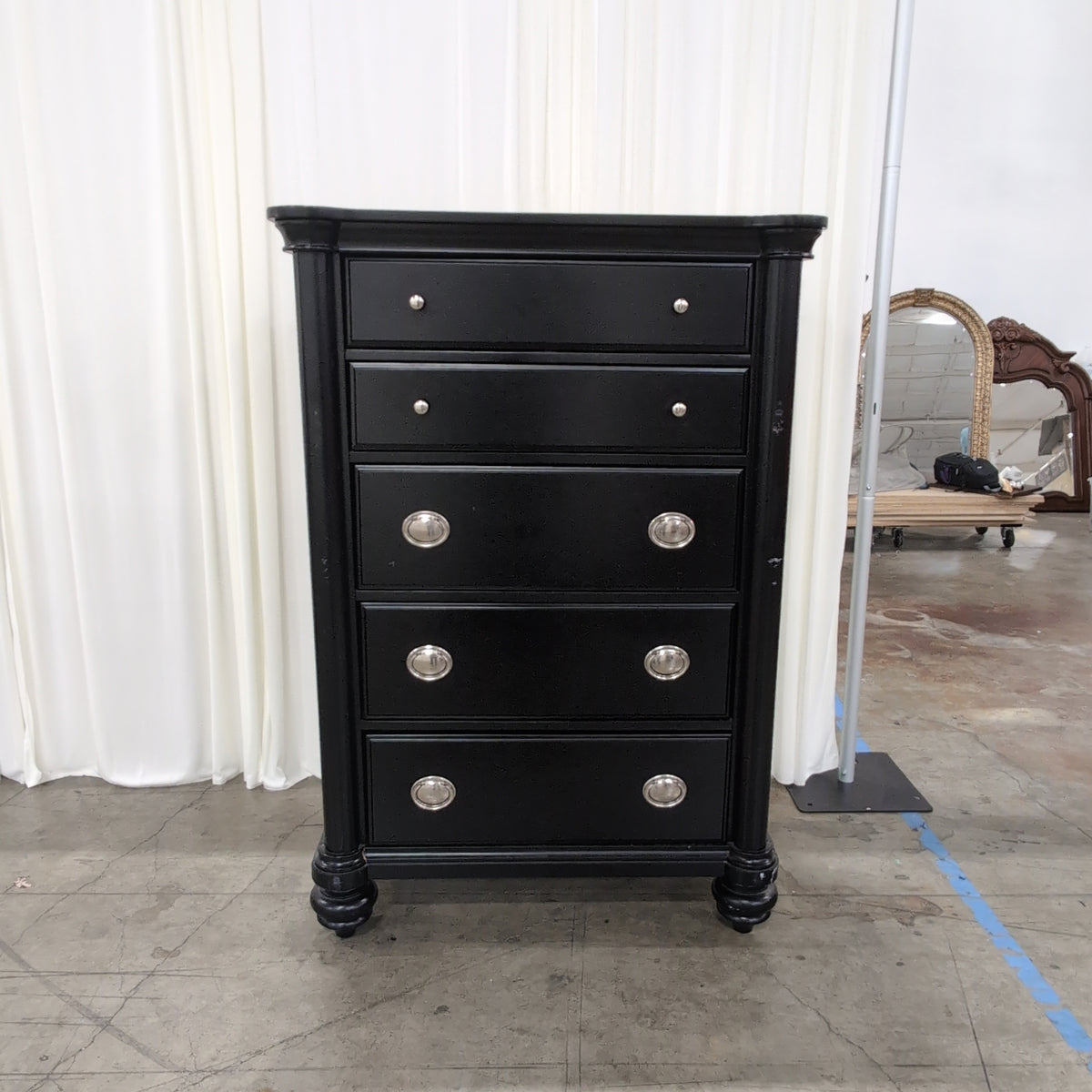 Black Wood Six-Drawer Dresser with Silver Hardware