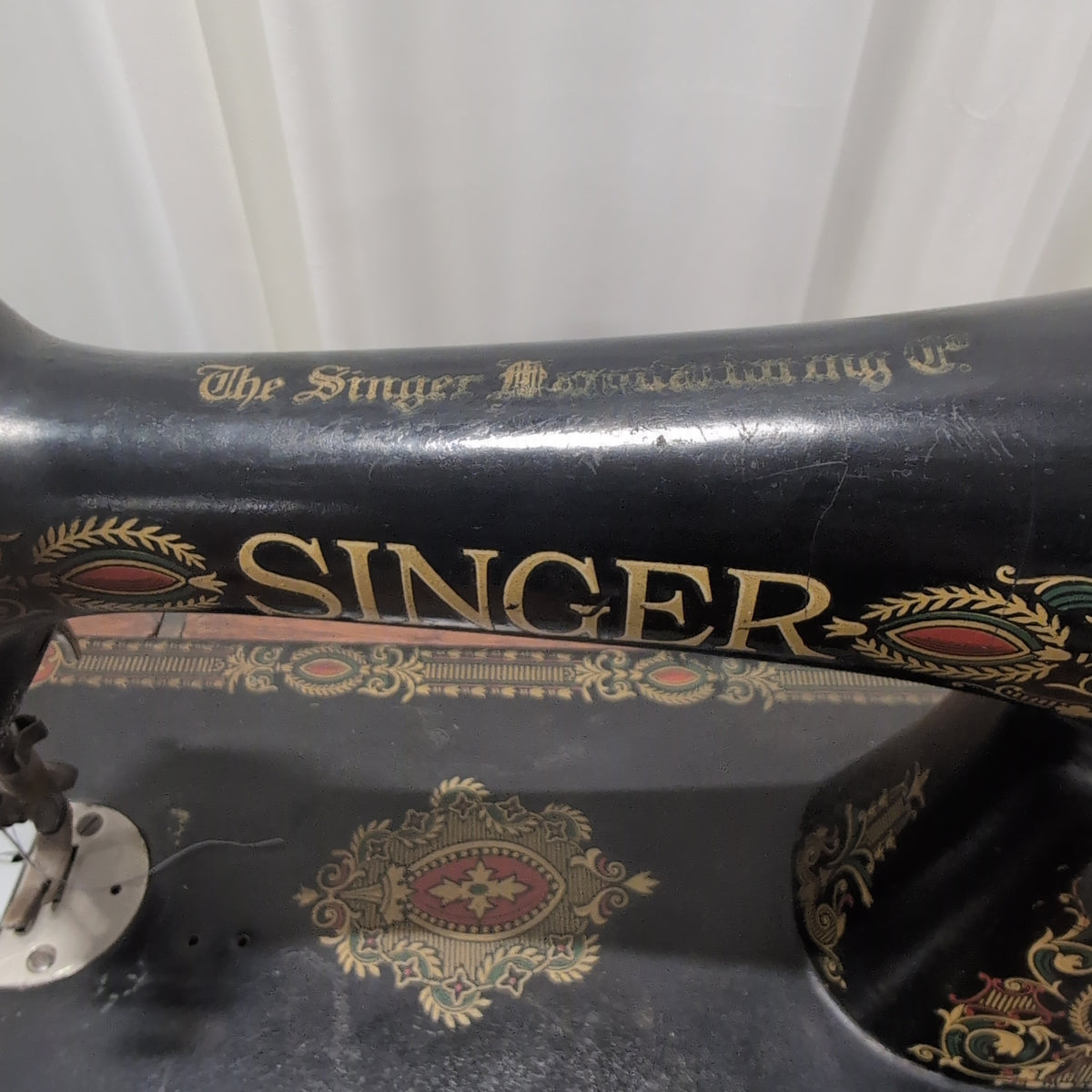 Vintage Wood Cabinet Sewing Machine with Cast Iron Base