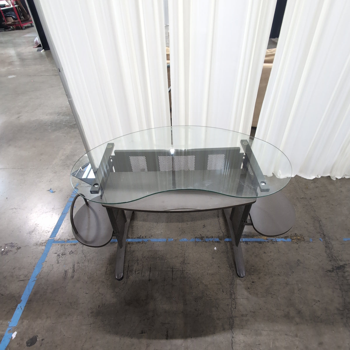 Grey Metal and Glass Kidney-Shaped Desk
