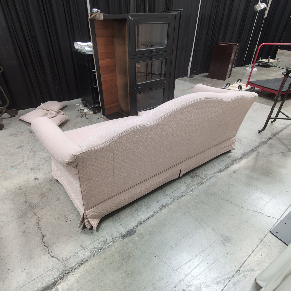 Blush Rolled Arm Couch with Skirted Base