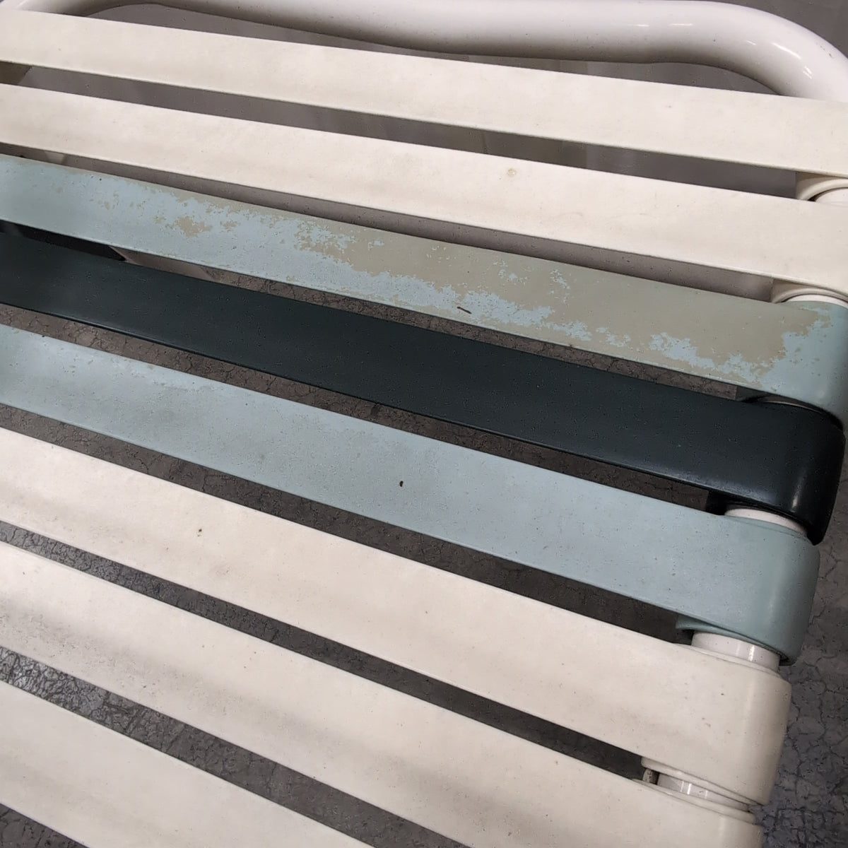 Vintage Cream Metal Patio Chair with Blue Straps
