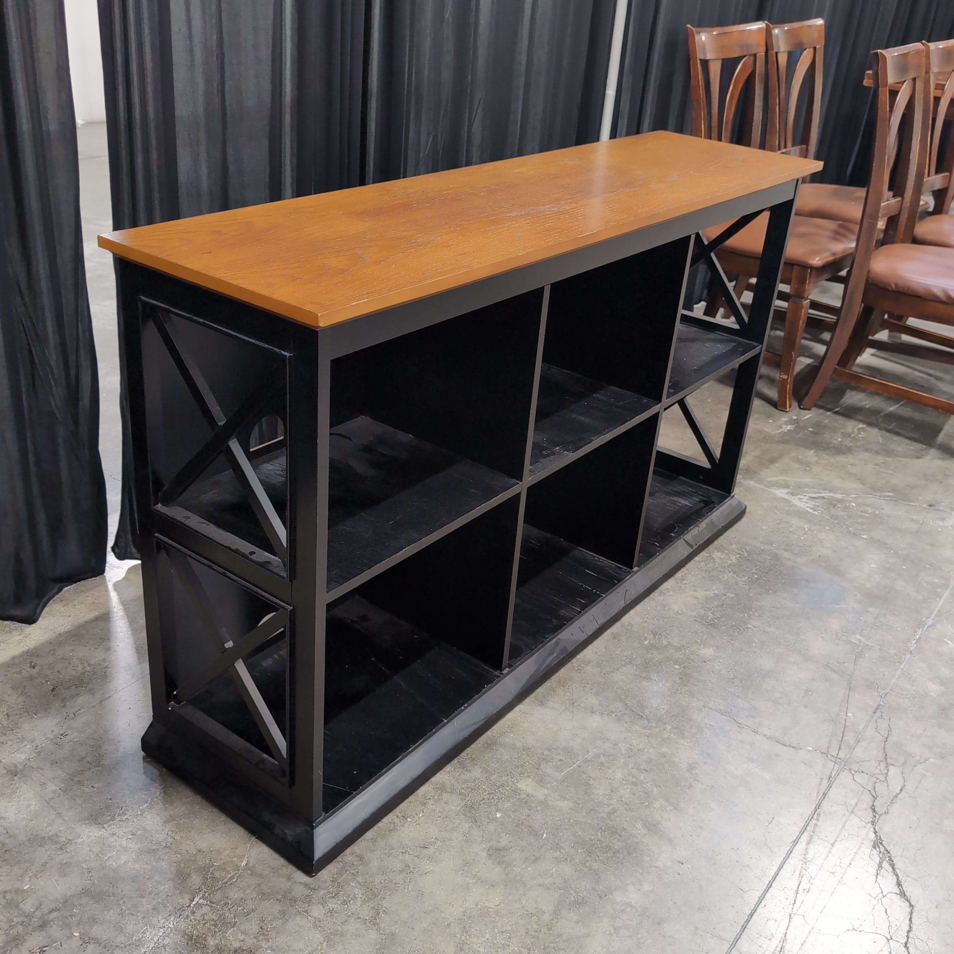 Two-Tone Wood and Black TV Stand with Geometric Shelving