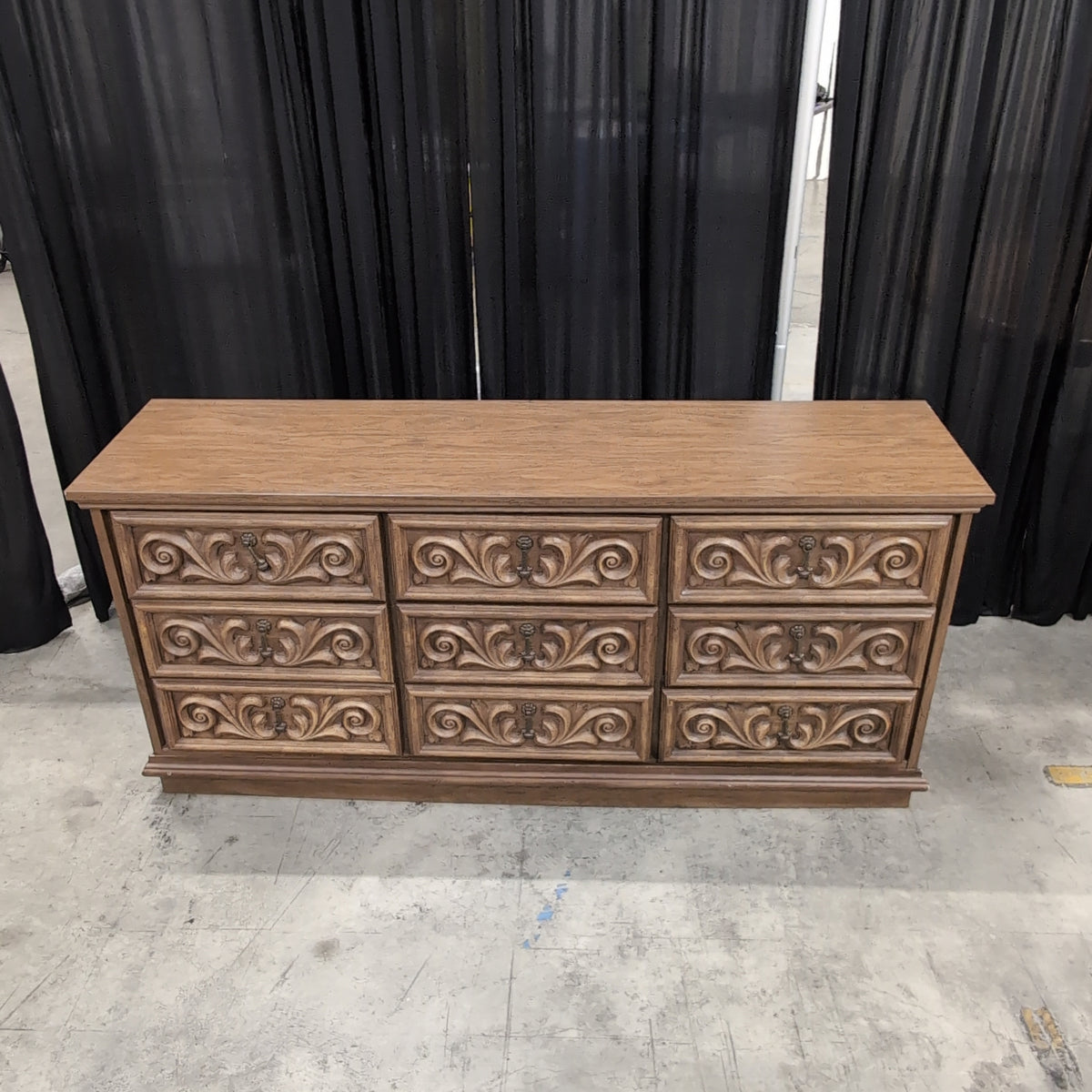 Ornate Carved Brown Wood Nine-Drawer Dresser