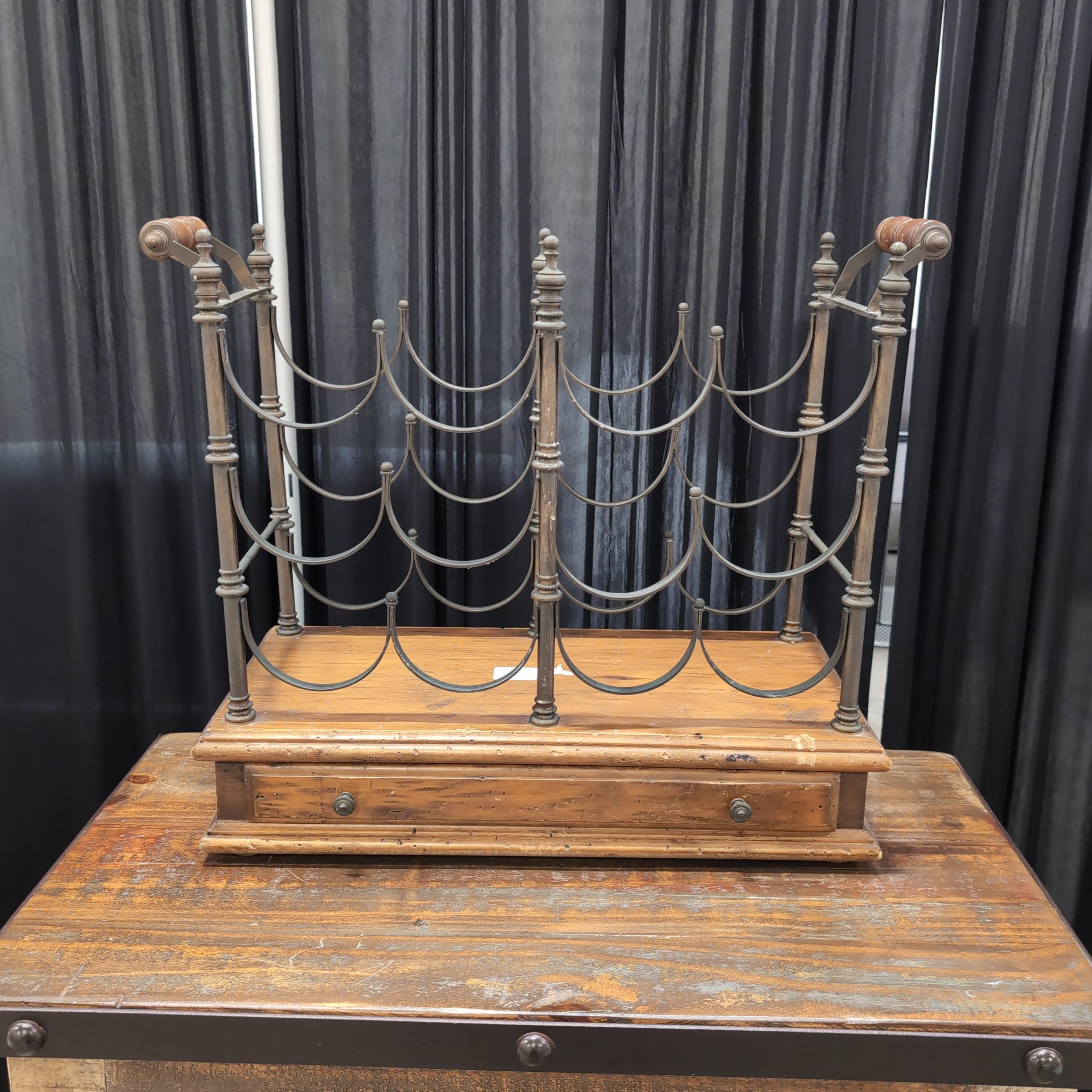 Rustic Dark Metal Wine Rack with a Drawer