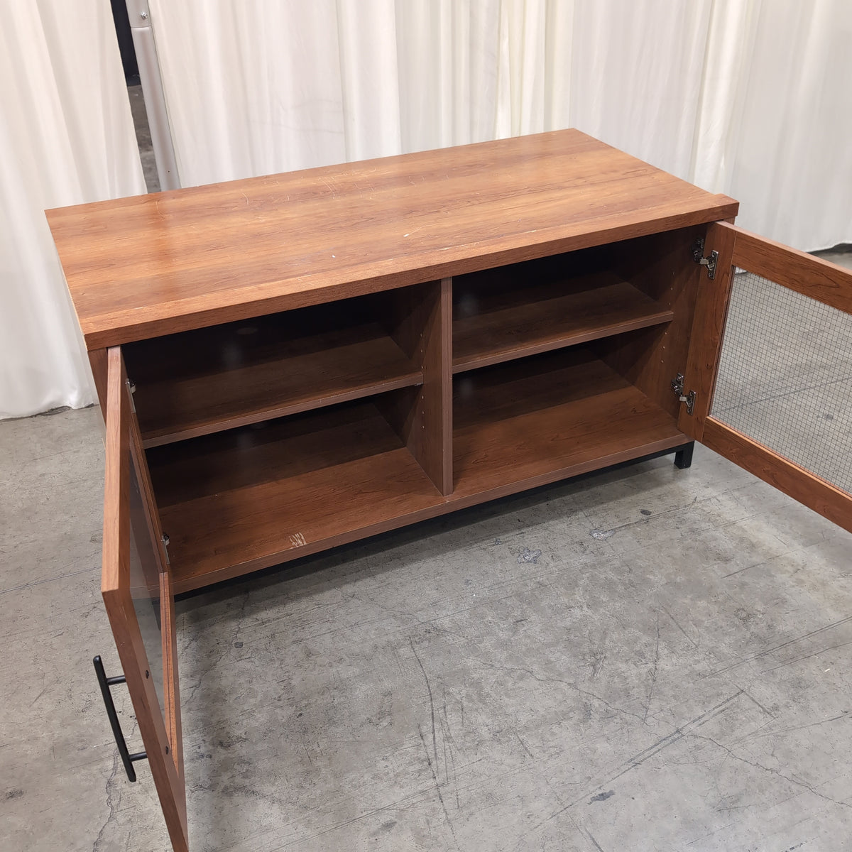 Rustic Industrial Wood-Look Two-Door TV Stand with Mesh Panels