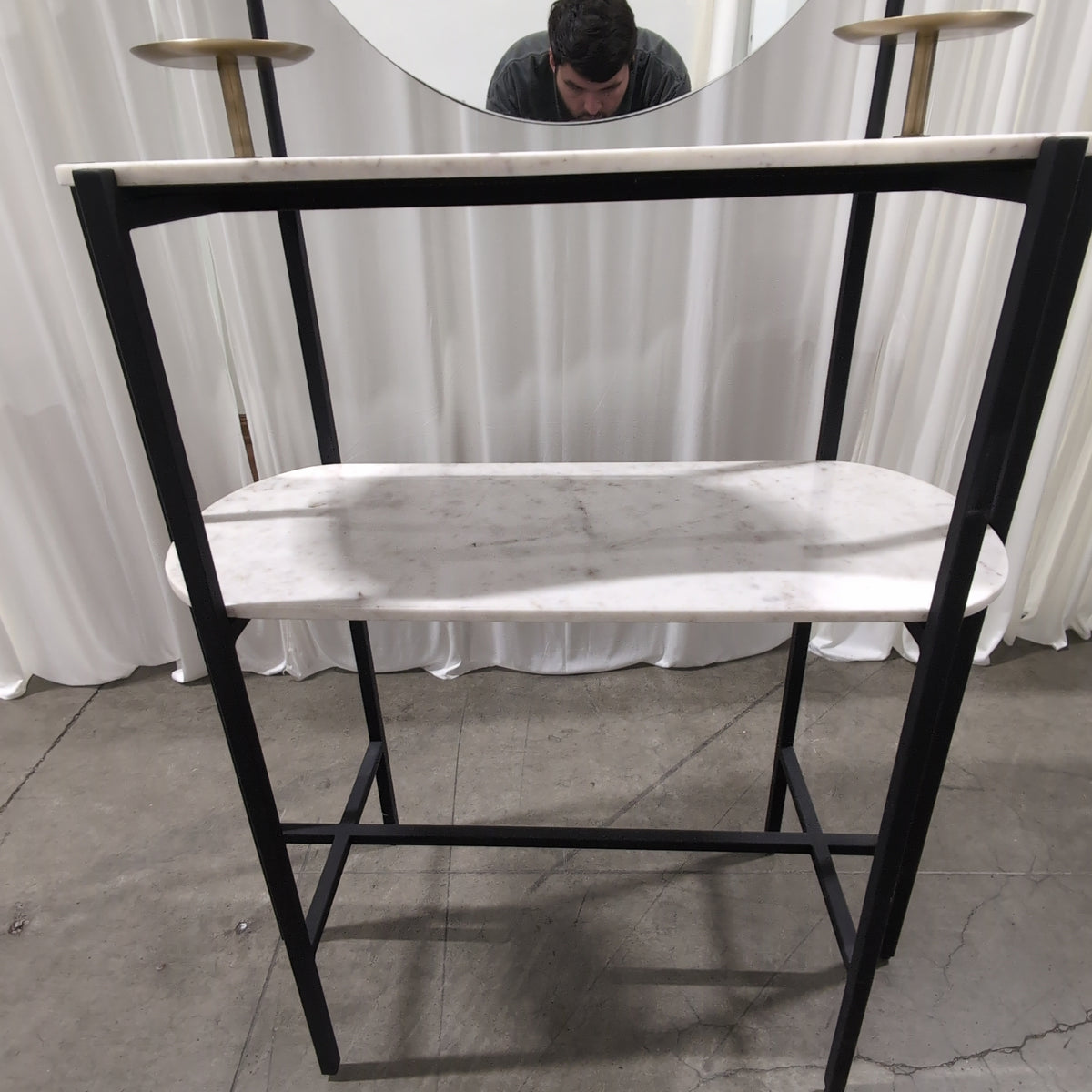 Black Metal and Marble Console Table with Oval Mirror