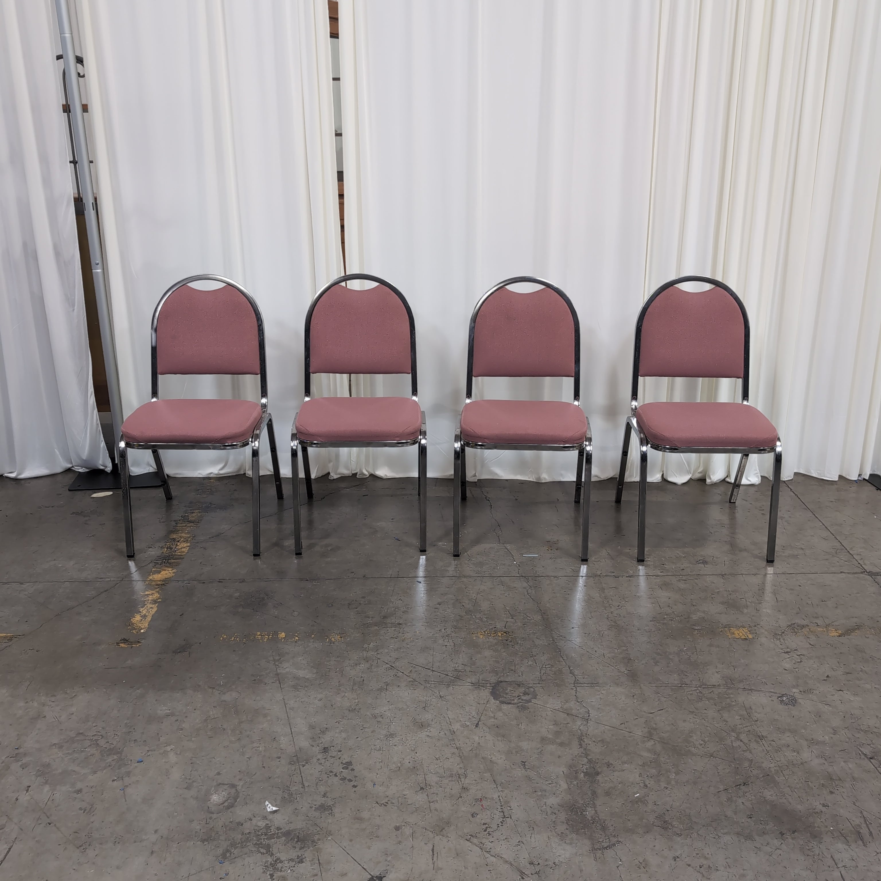 Set of Four Pink Upholstered Stacking Chair with Chrome Frame