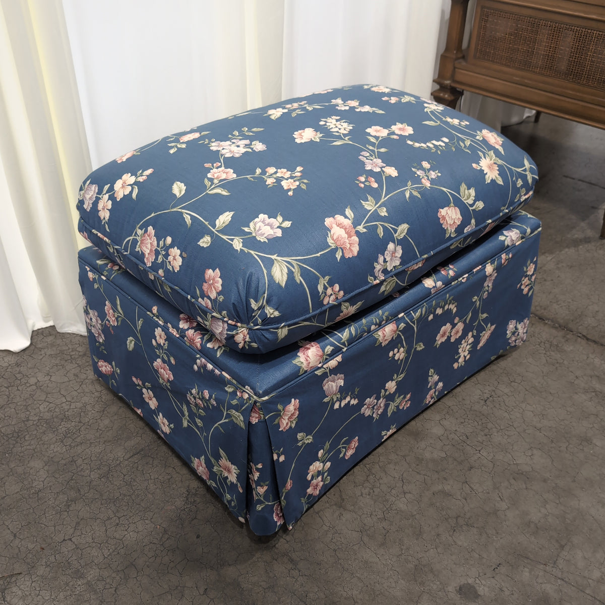 Blue Floral Fabric Ottoman with Skirted Base