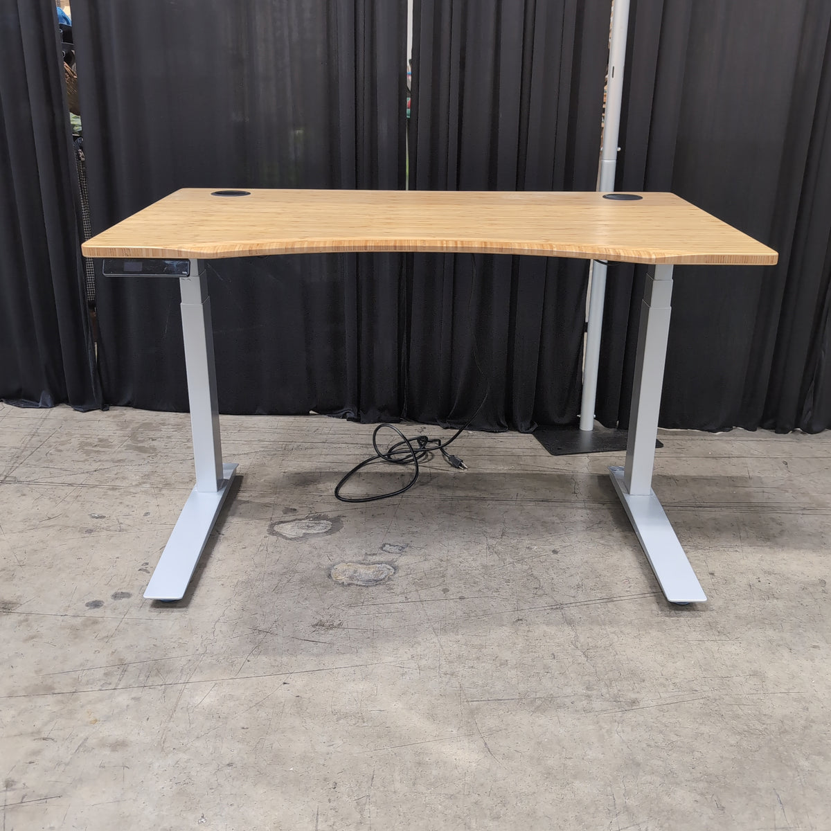 Light Wood Adjustable Height Desk with Curved Front