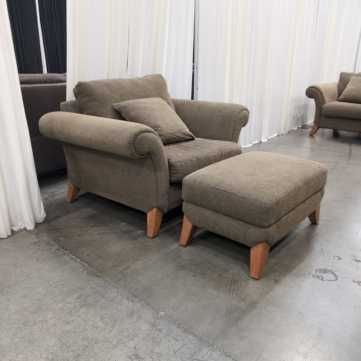 Taupe Textured Fabric Rolled Arm Armchair with Matching Ottoman