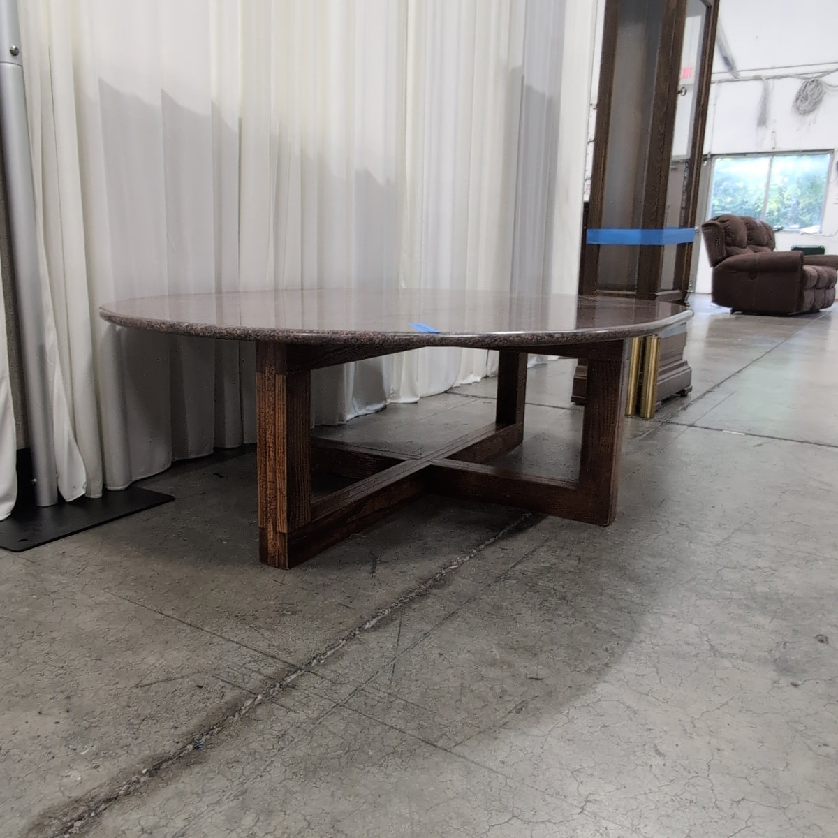 Round Light Granite Dining Table with Scrolled Iron Base