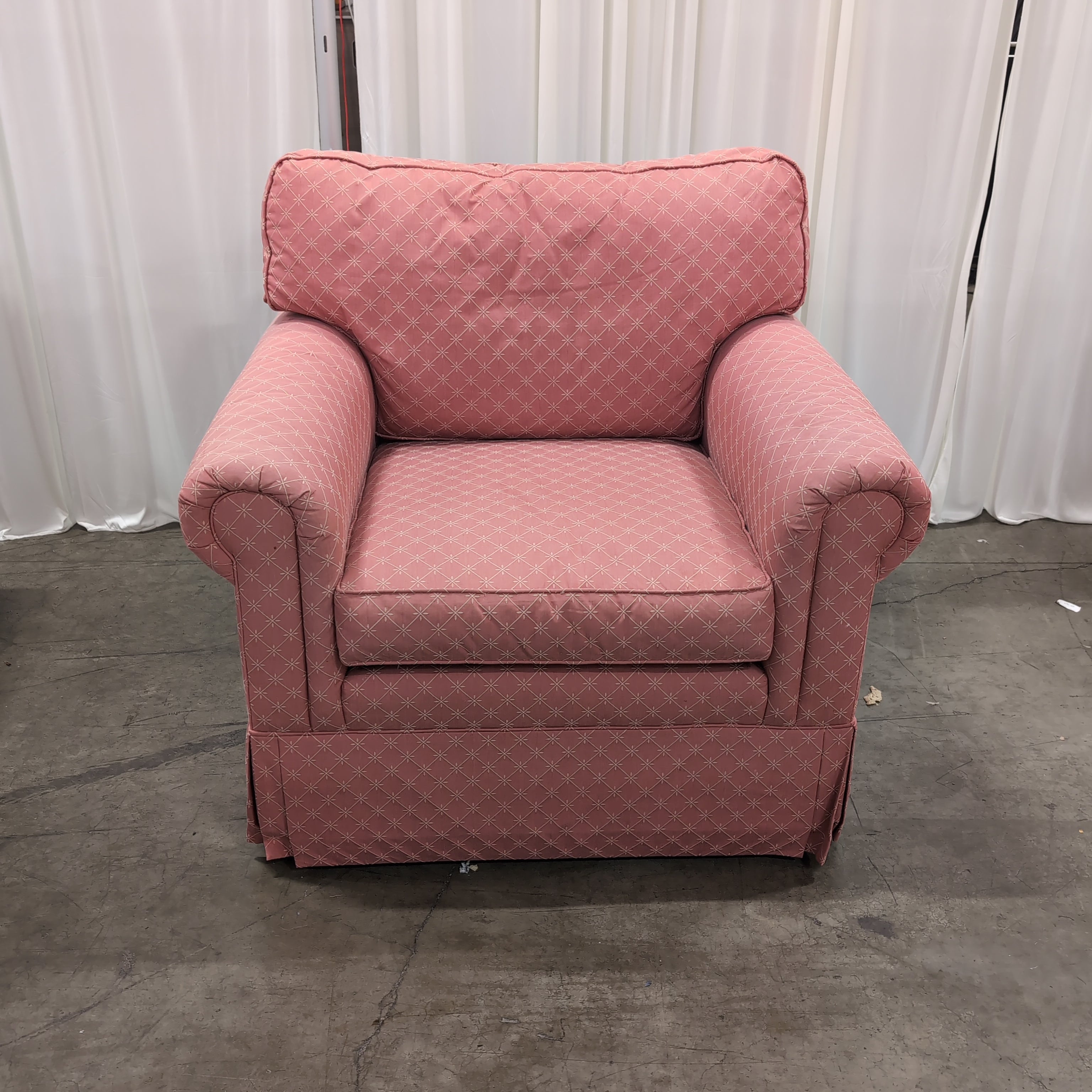 Ethan Allen Pink Geometric Pattern Armchair with Rolled Arms