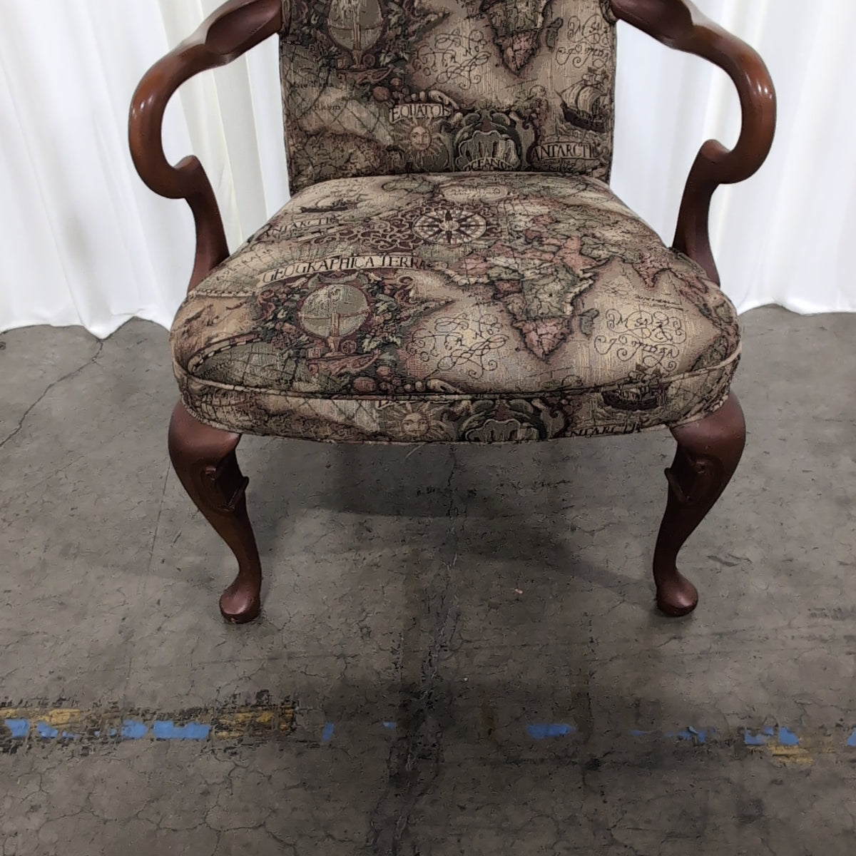 Traditional Carved Wood Arm Chair with Map Upholstery