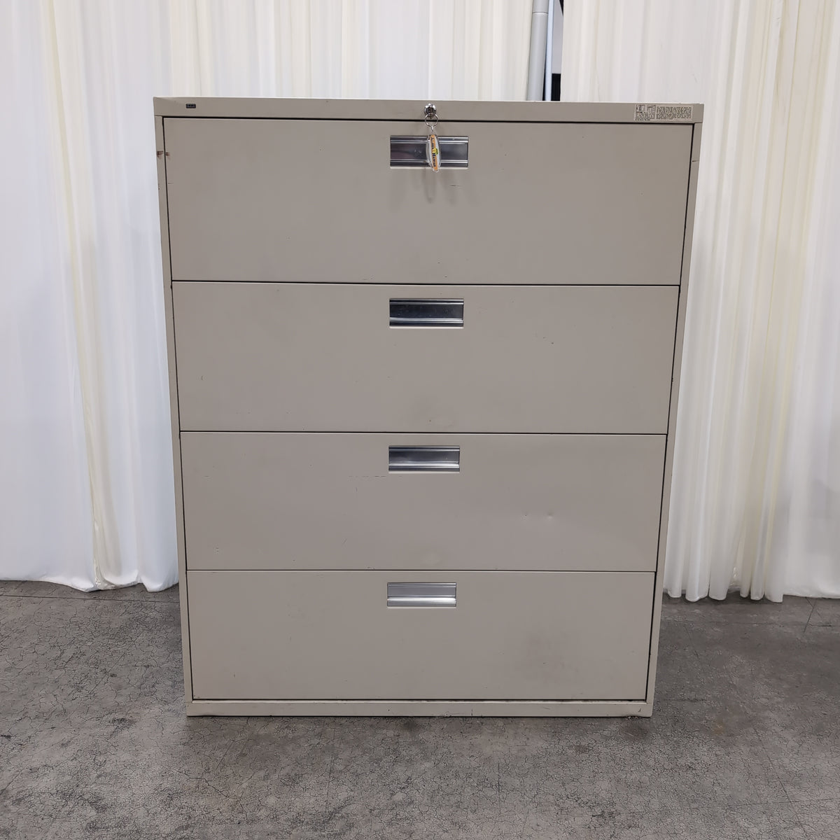 Grey Metal Four-Drawer Filing Cabinet with Lock