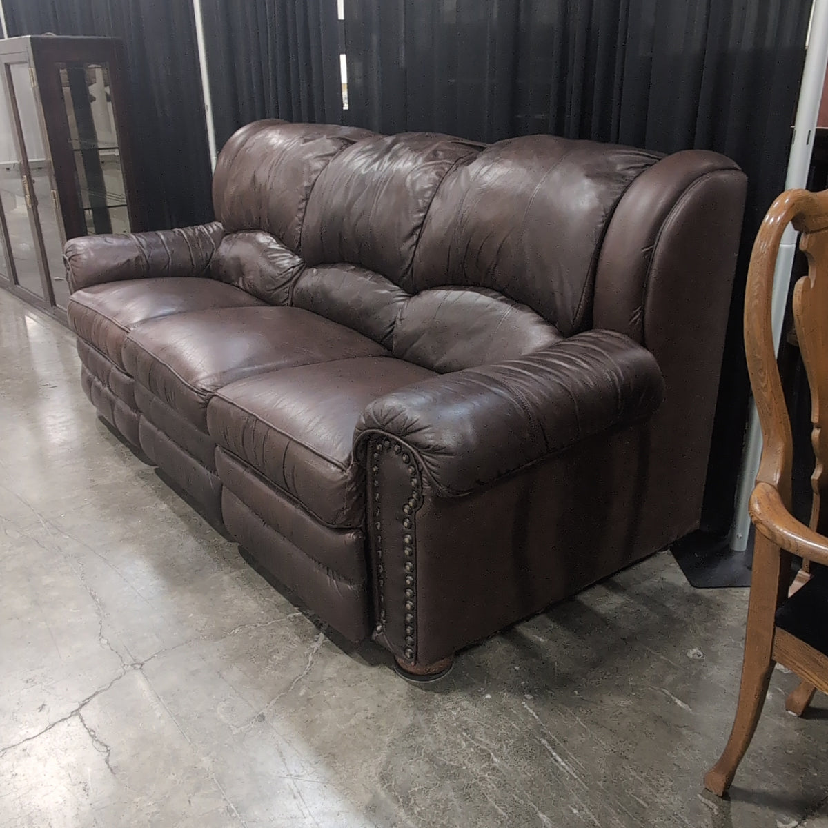 Dark Brown Leather Rolled Arm Couch with Nailhead Trim
