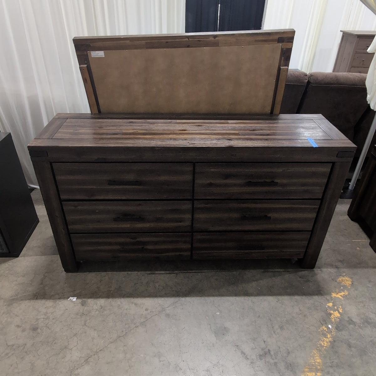 Rustic Dark Wood Six-Drawer Dresser with Mirror