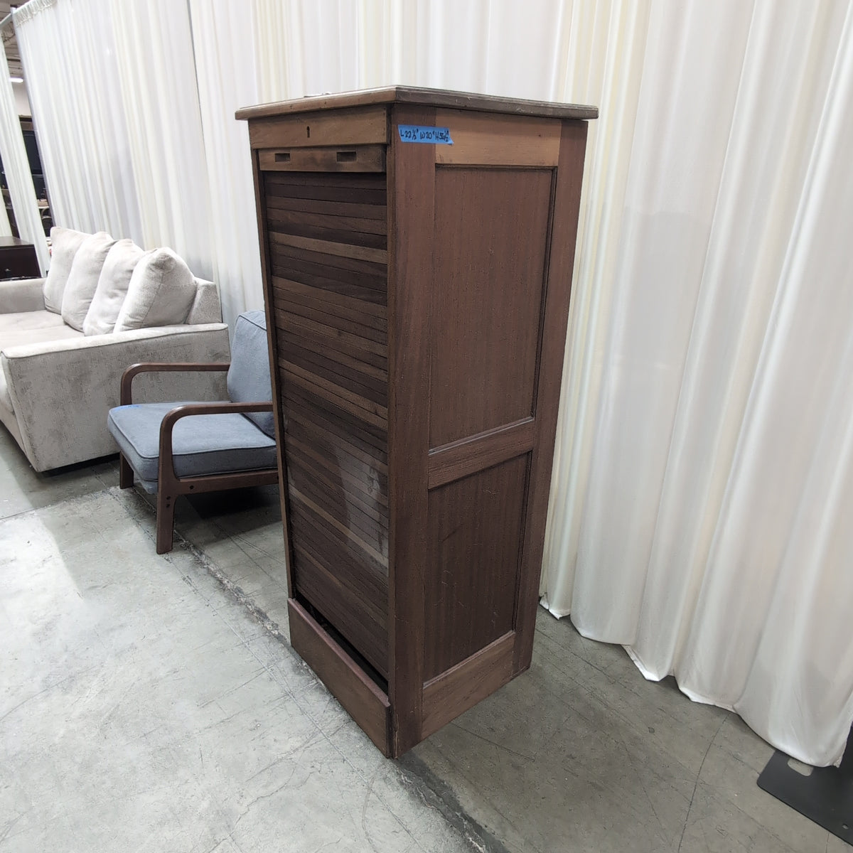 Medium Brown Wood Roll-Top Cabinet with Single Drawer