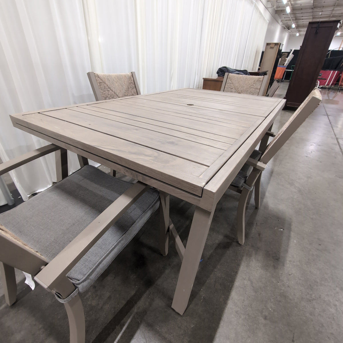 Rectangular Slatted Wood Outdoor Dining Table with Umbrella Hole