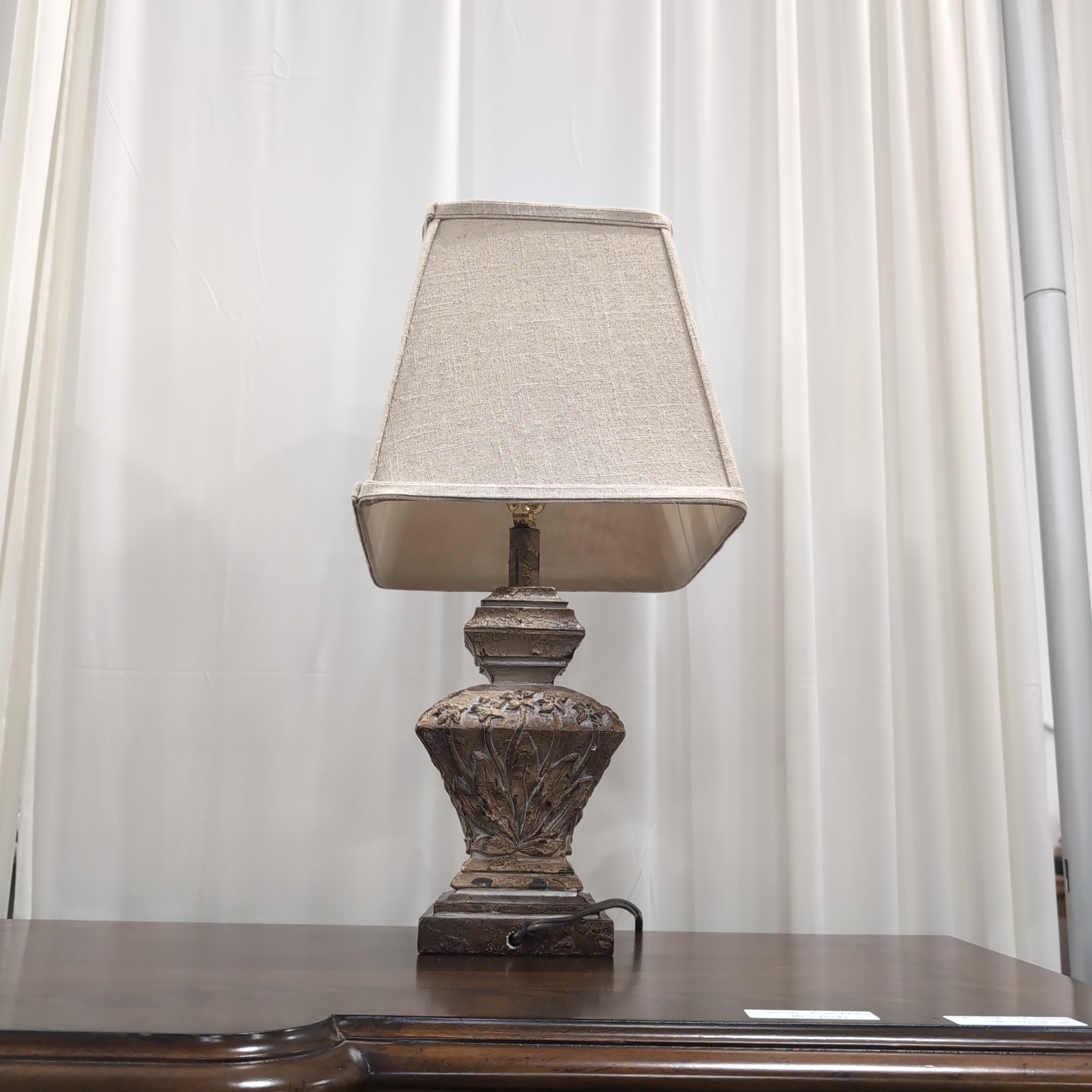 Ornate Distressed Brown Table Lamp with Fabric Shade