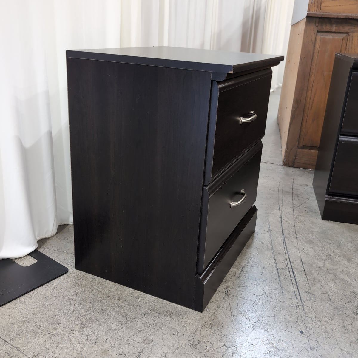 Dark Espresso Two-Drawer Nightstand with Silver Pulls