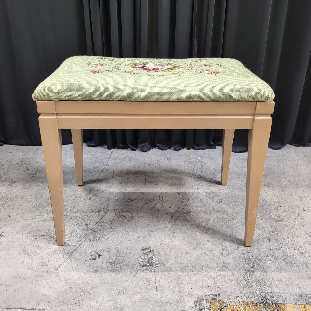 Vintage Light Green Needlepoint Ottoman with Floral Design