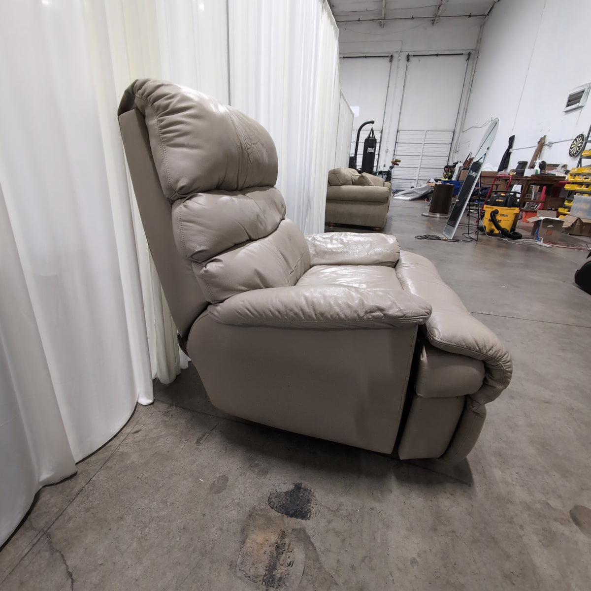 Overstuffed Light Beige Recliner in Leather