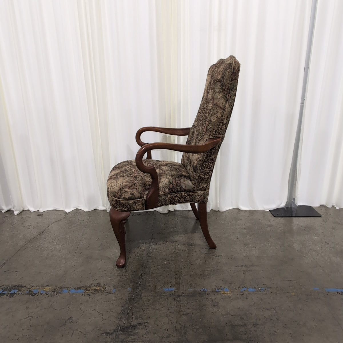 Traditional Carved Wood Arm Chair with Map Upholstery