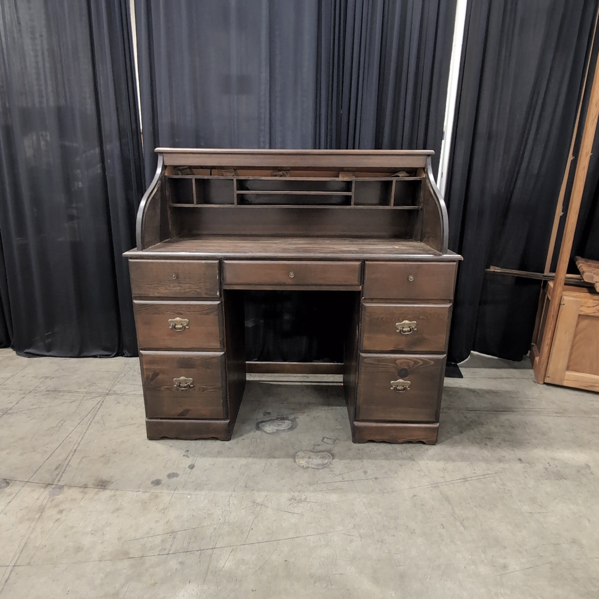 Traditional Dark Wood Roll-Top Desk with Drawers