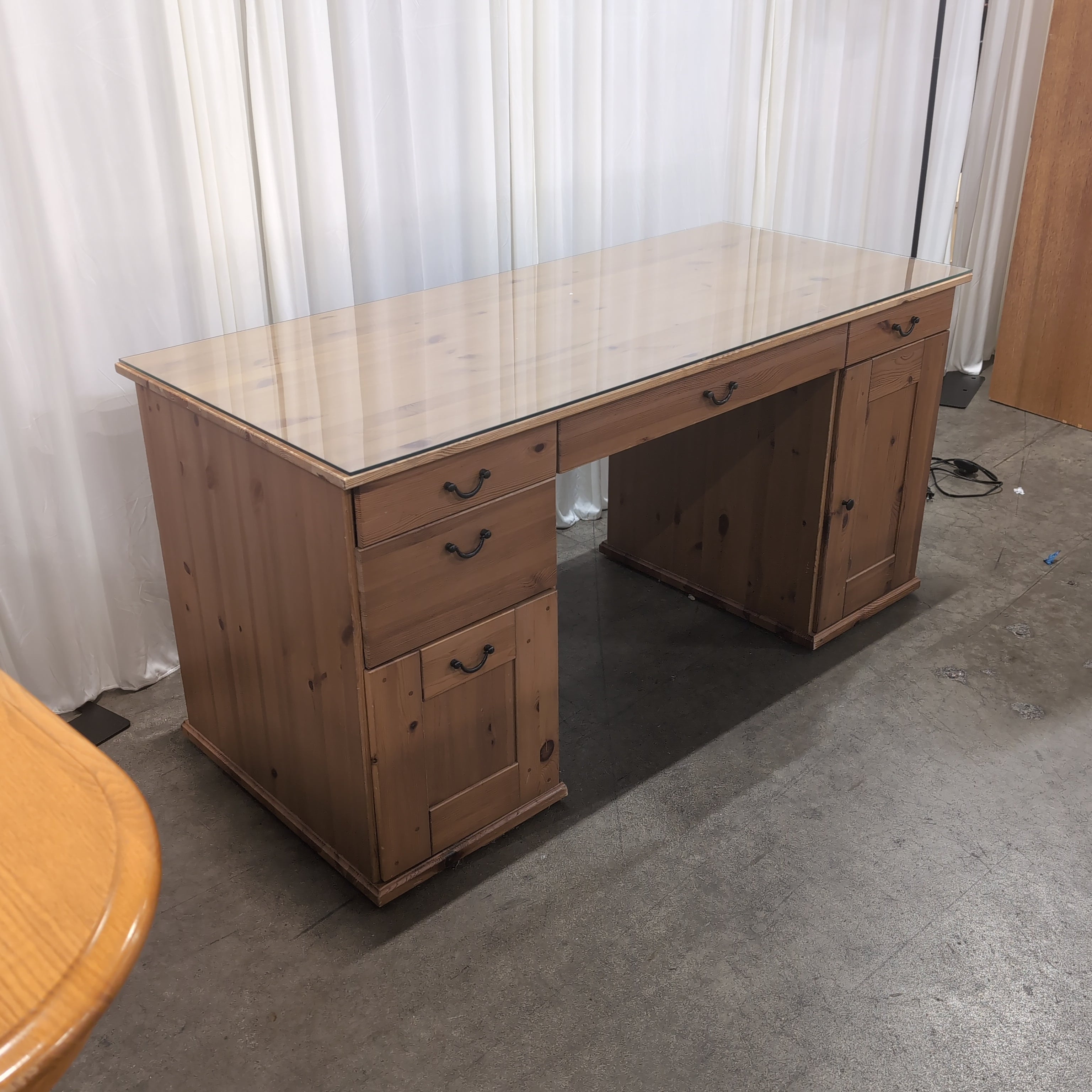 Light Wood Desk with Glass Top and Storage Drawers