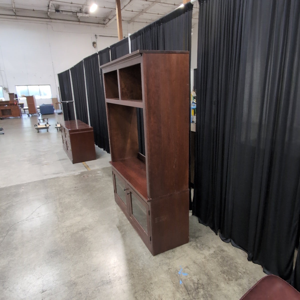 Crate & Barrel-Cherry Finish Wood TV Stand with Glass Doors