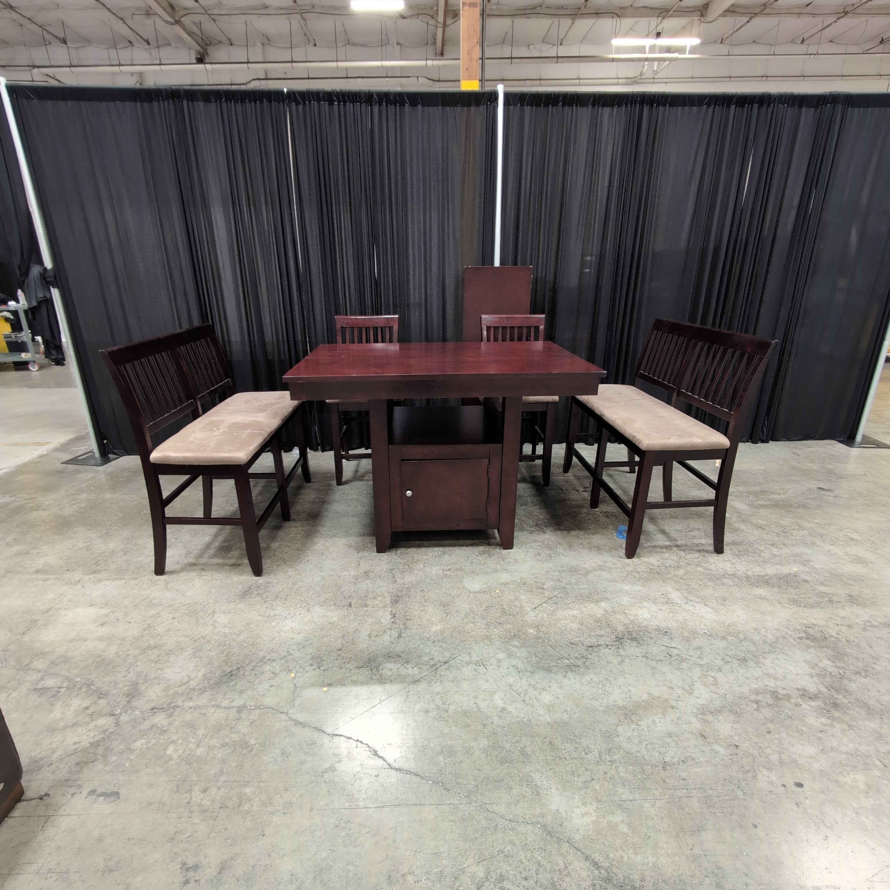 Dark Brown Counter-Height Dining Table with Storage Base and Four Chairs