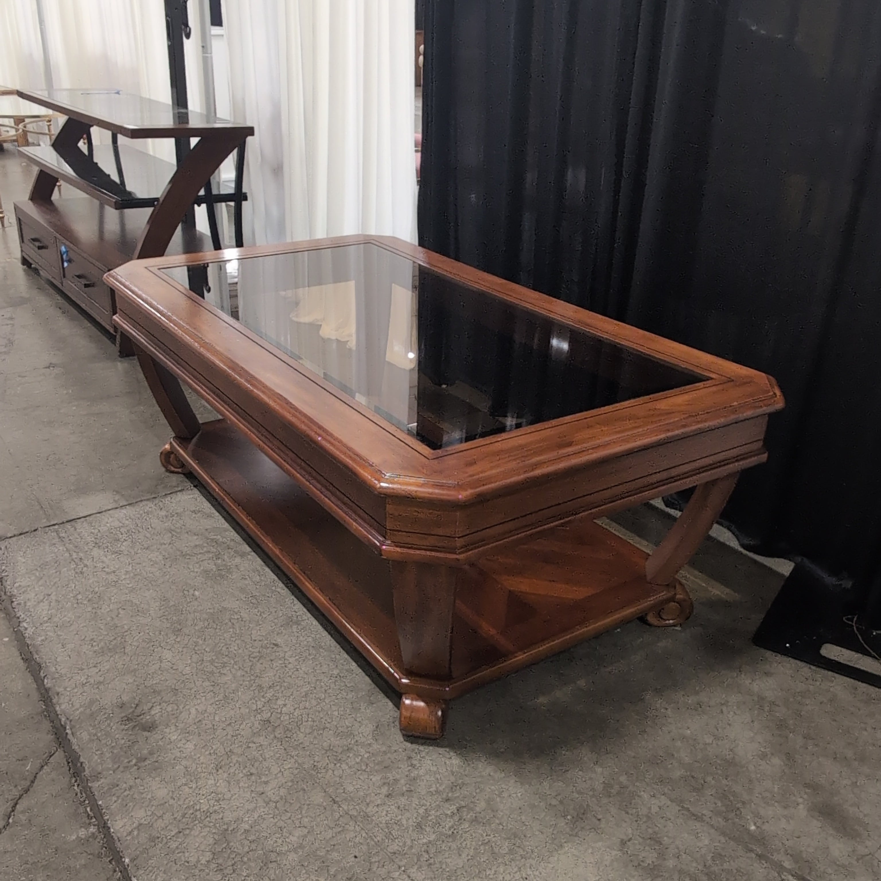 Traditional Reddish-Brown Wood Coffee Table with Glass Top