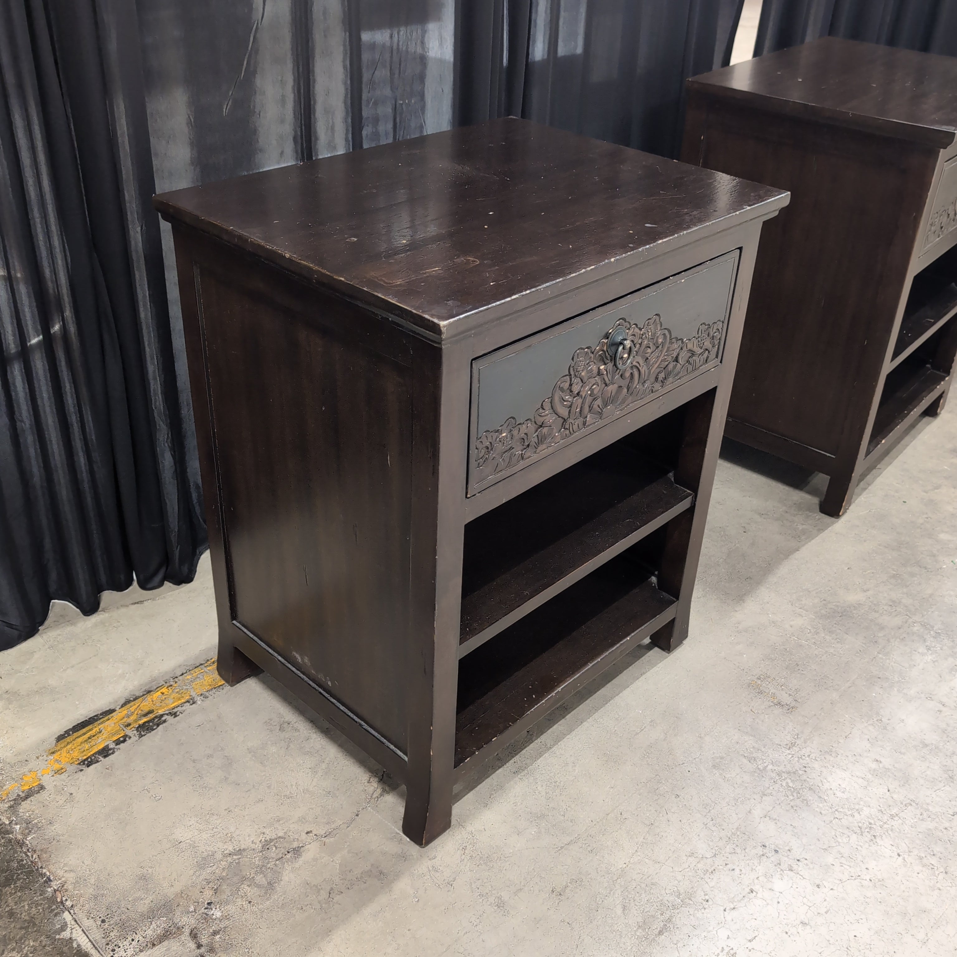 Dark Wood Nightstand with Carved Drawer Front