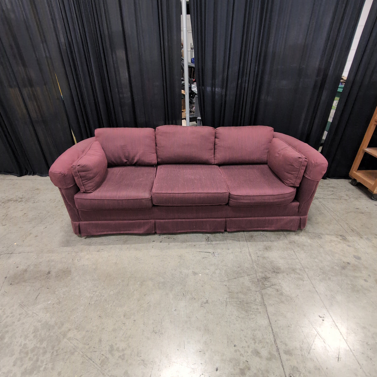 Traditional Burgundy Fabric Couch with Rolled Arms