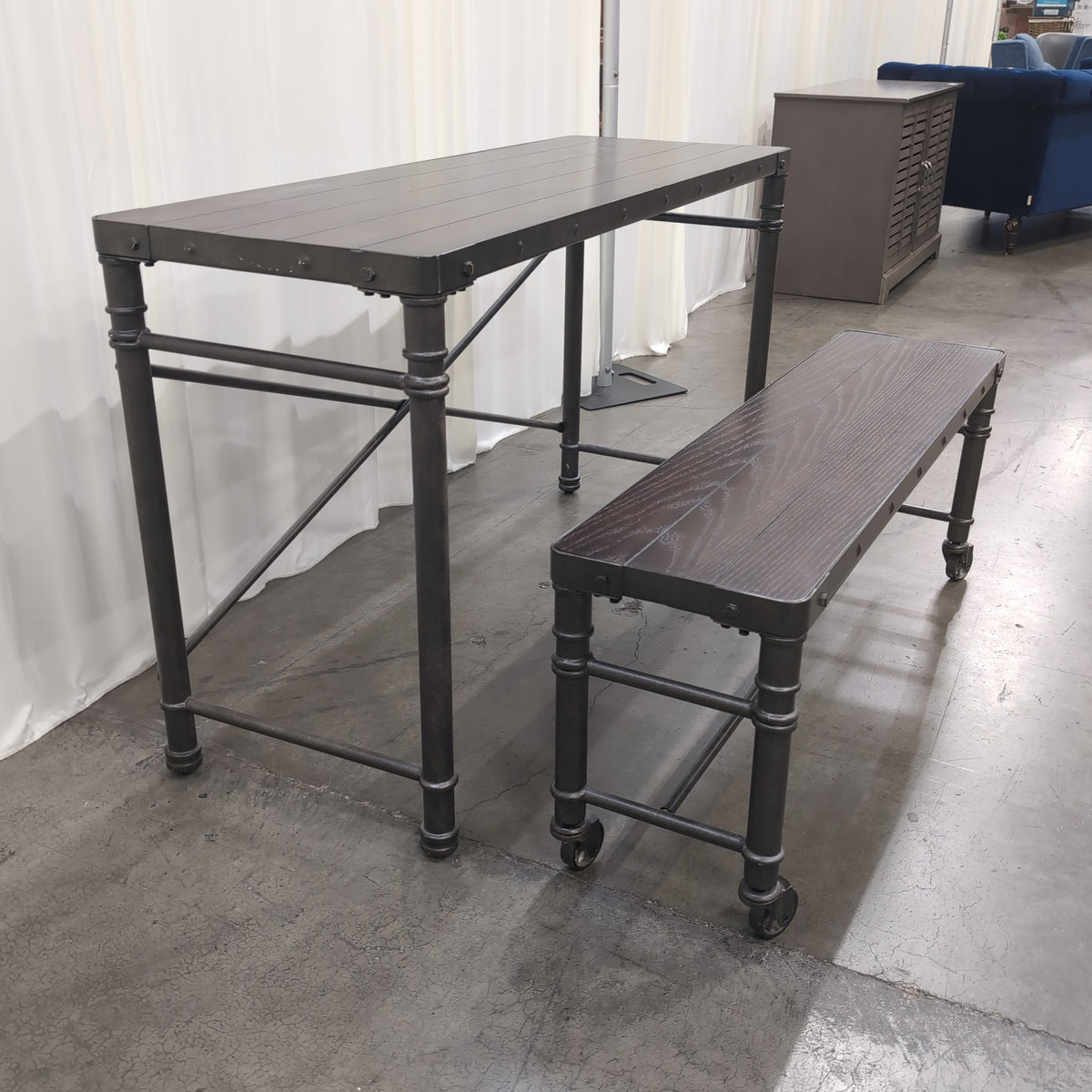 Industrial Dark Wood Console Table with Matching Bench