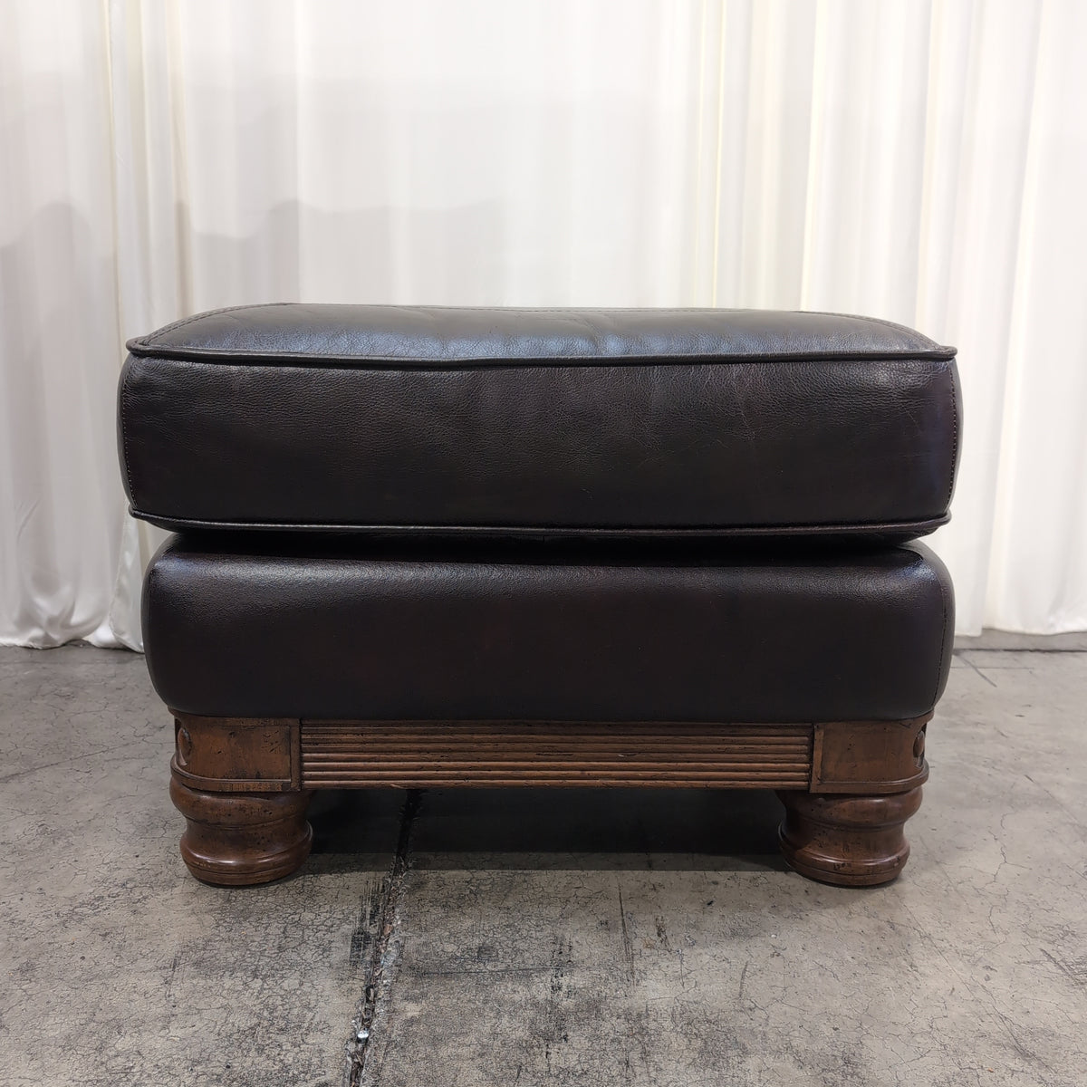 Dark Brown Leather Square Ottoman with Turned Wood Feet