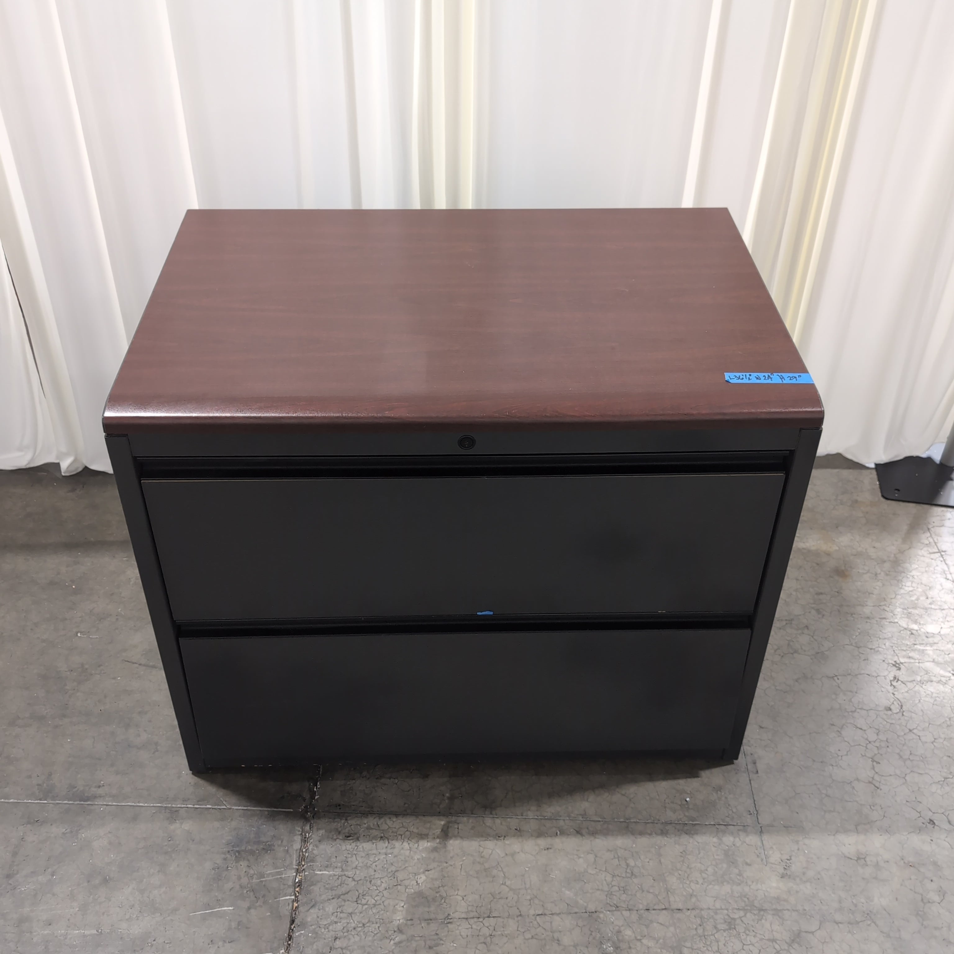 Two-Drawer Black Filing Cabinet with Wood-Look Top