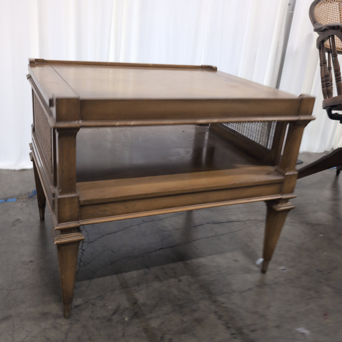 Brown Wood Two-Tier End Table with Cane Sides