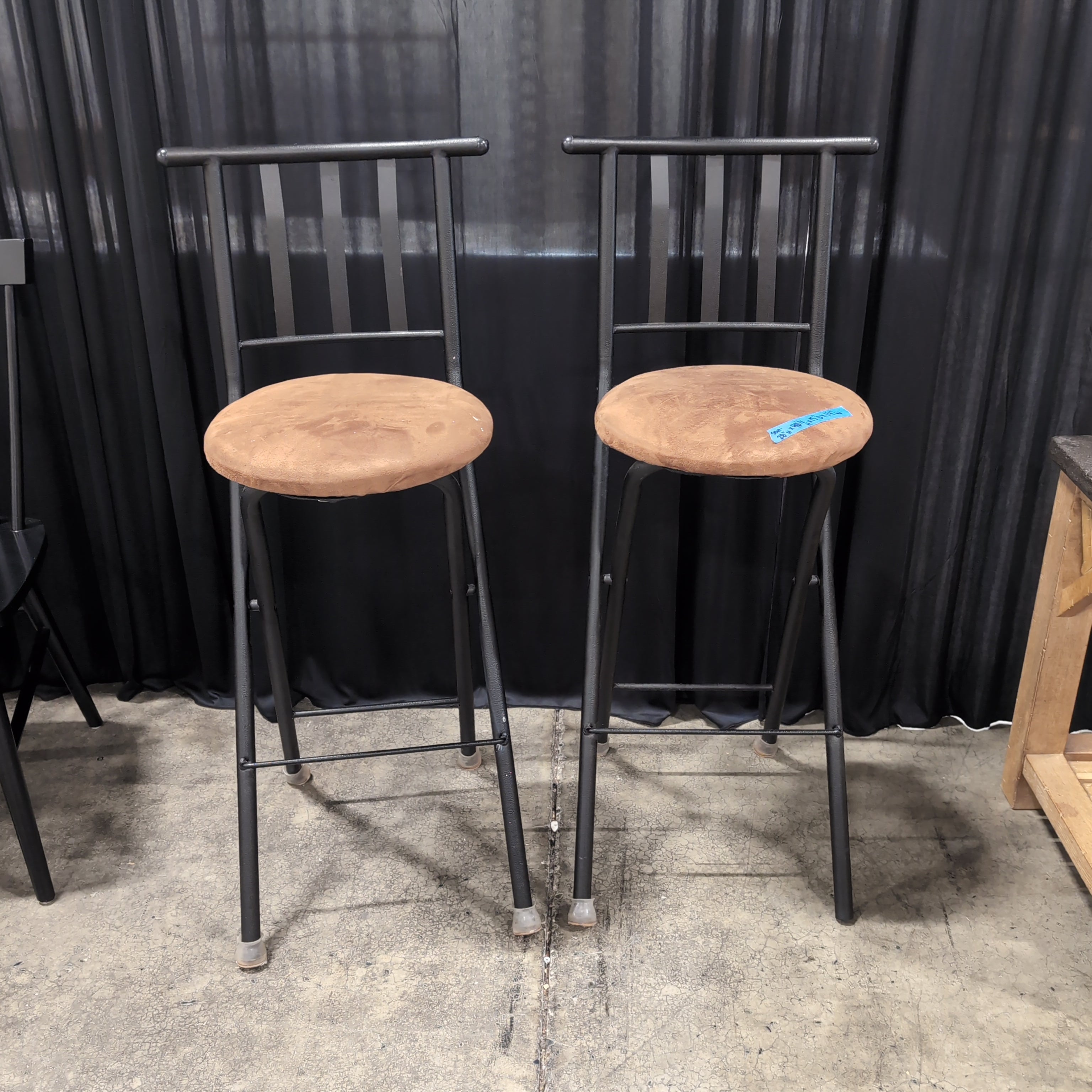 Pair of Grey Metal Ladder Back Bar Stools with Brown Upholstery