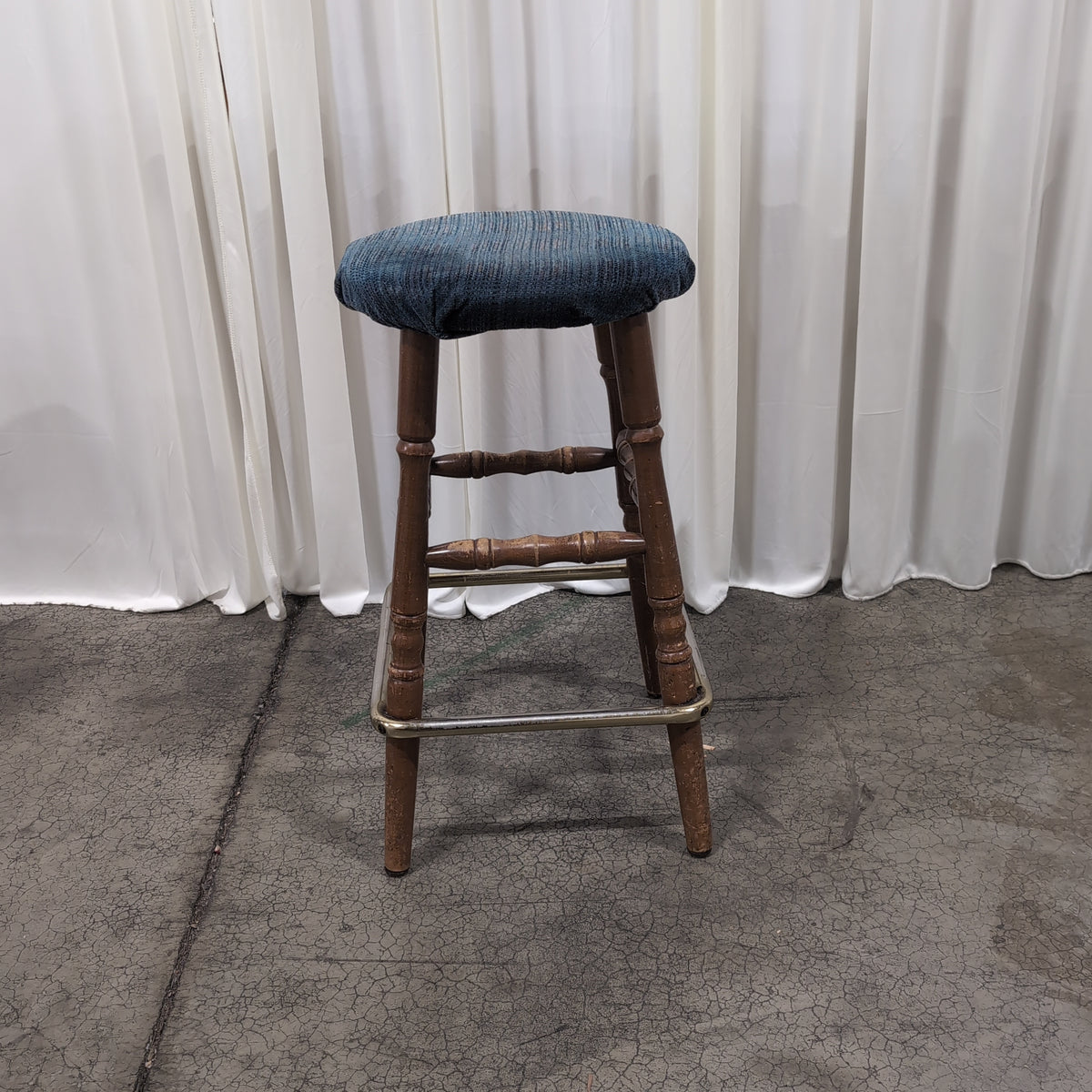 Set of Three Round Blue Upholstered Dark Wood Bar Stool